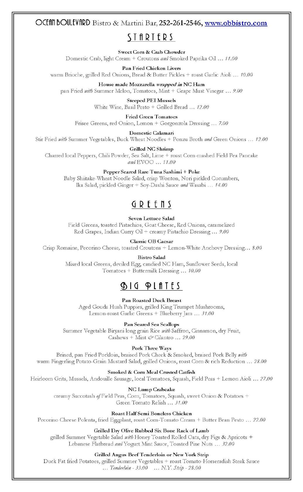 Menu at Ocean Boulevard Bistro and Martini Bar, Kitty Hawk