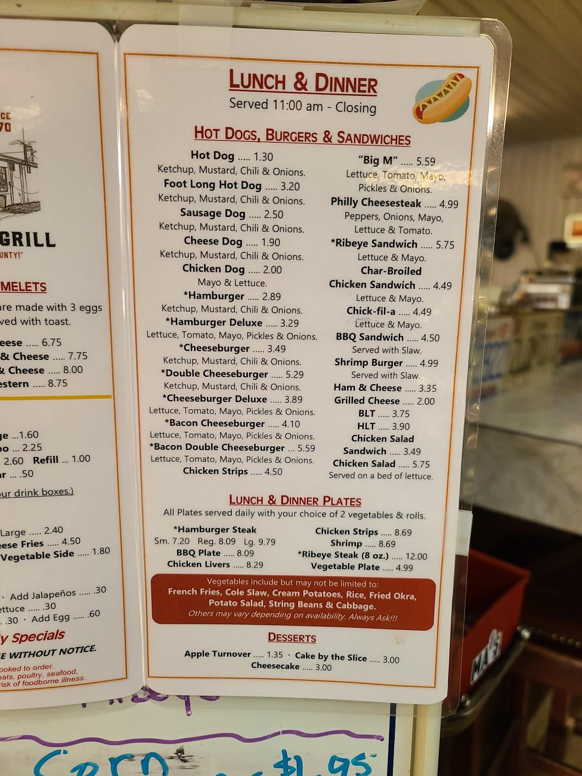 Menu at Ma's Hot Dog House restaurant, Kinston, 2515 US258