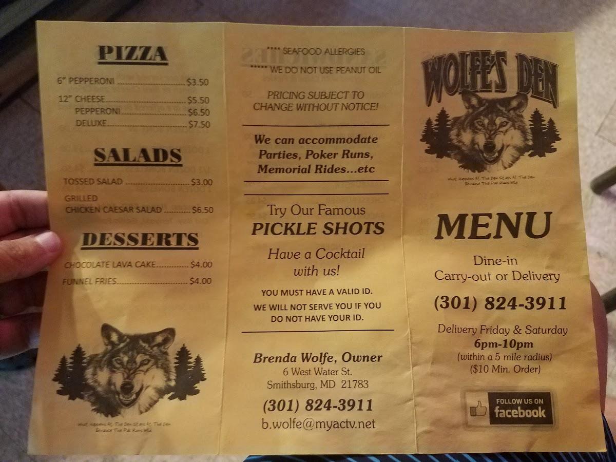 Menu at Wolfe's Den pub & bar, Smithsburg
