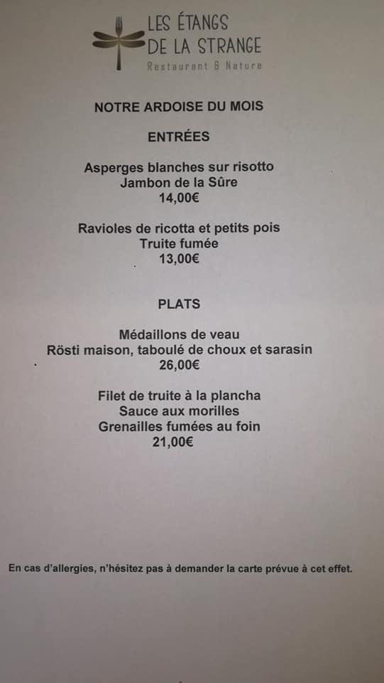 Menu au Restaurant les étangs de la Strange, VauxsurSûre