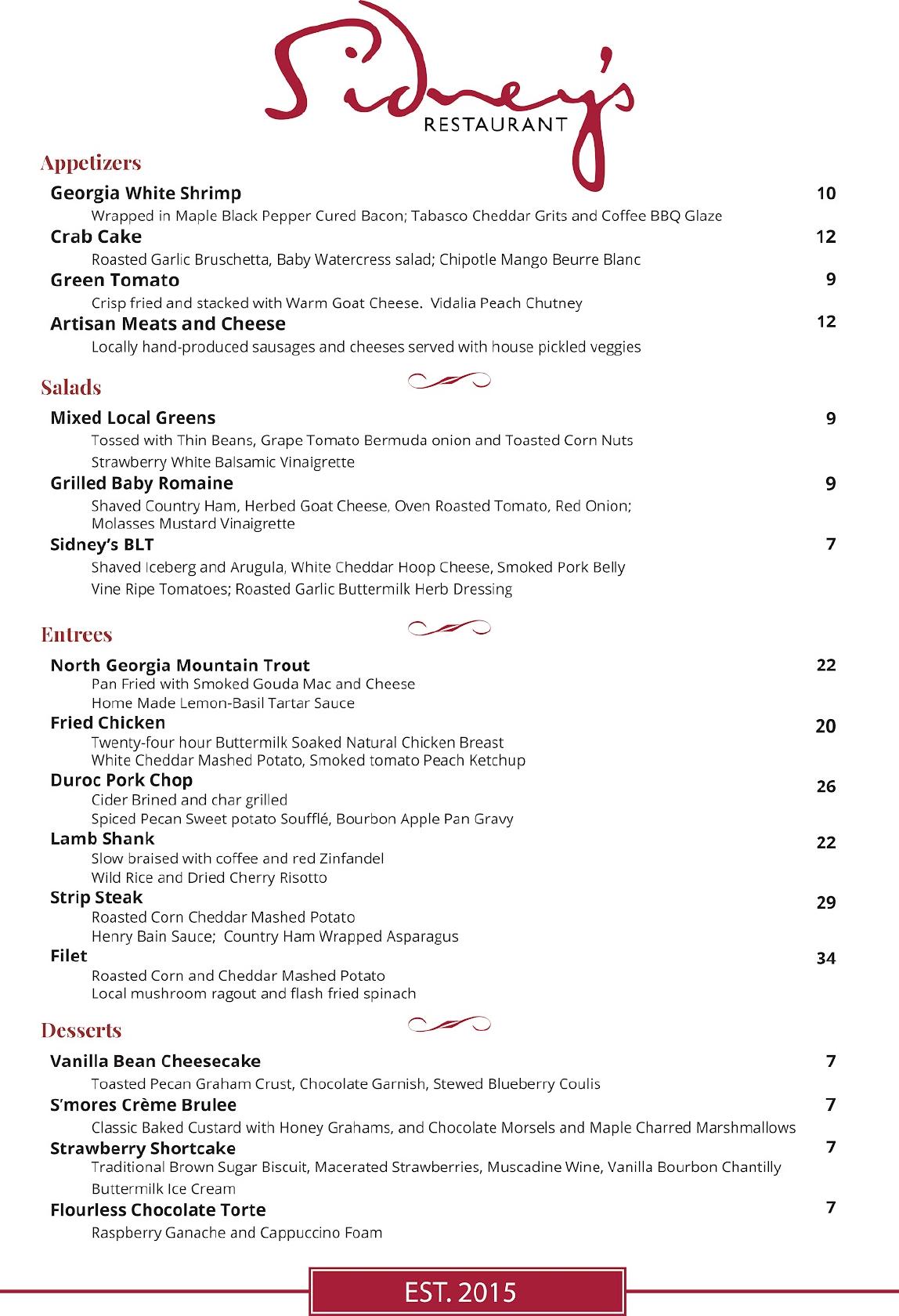 Menu at Sidney's Restaurant, Buford, Lanier Islands Pkwy