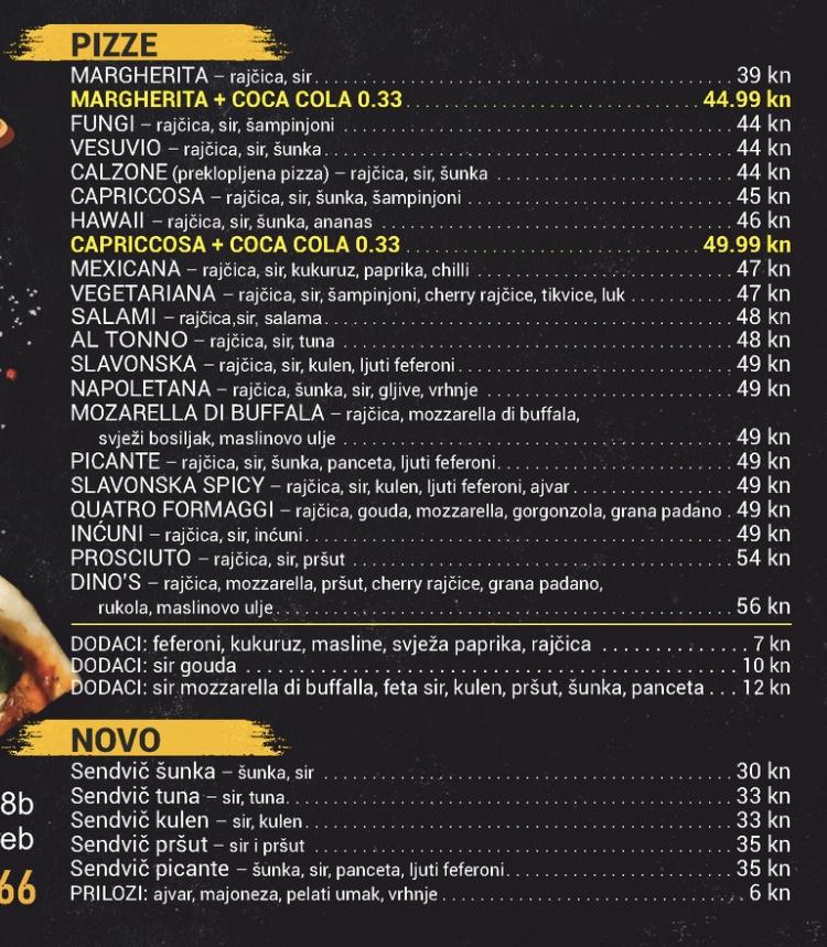 Menu at Avalon Pizza restaurant, Zagreb