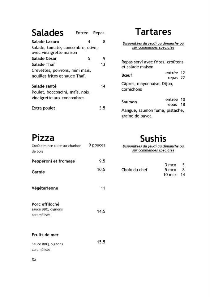 Menu au Motel Lazaro SaintLazaredeBellechasse restaurant, Saint