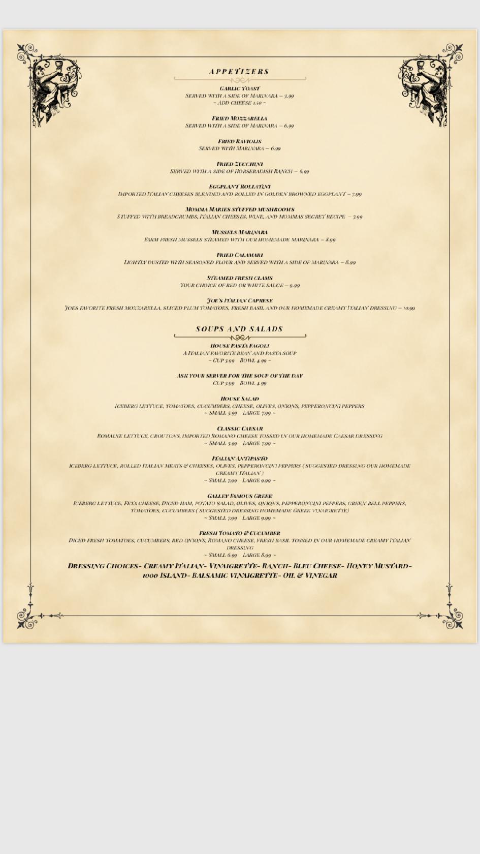 Menu at Big Joe's Pasta House pub & bar, Palm Harbor