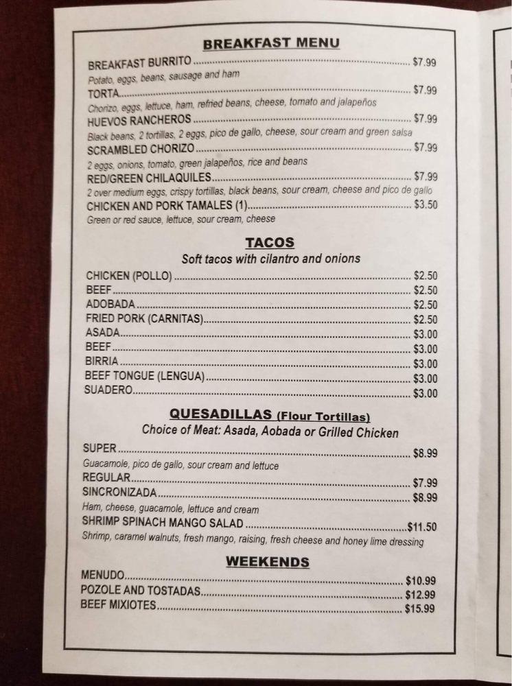 Menu at Taqueria Plaza Mexico restaurant, Antioch