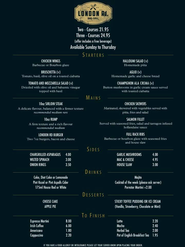Menu at London Road Bar & Grill, East Grinstead