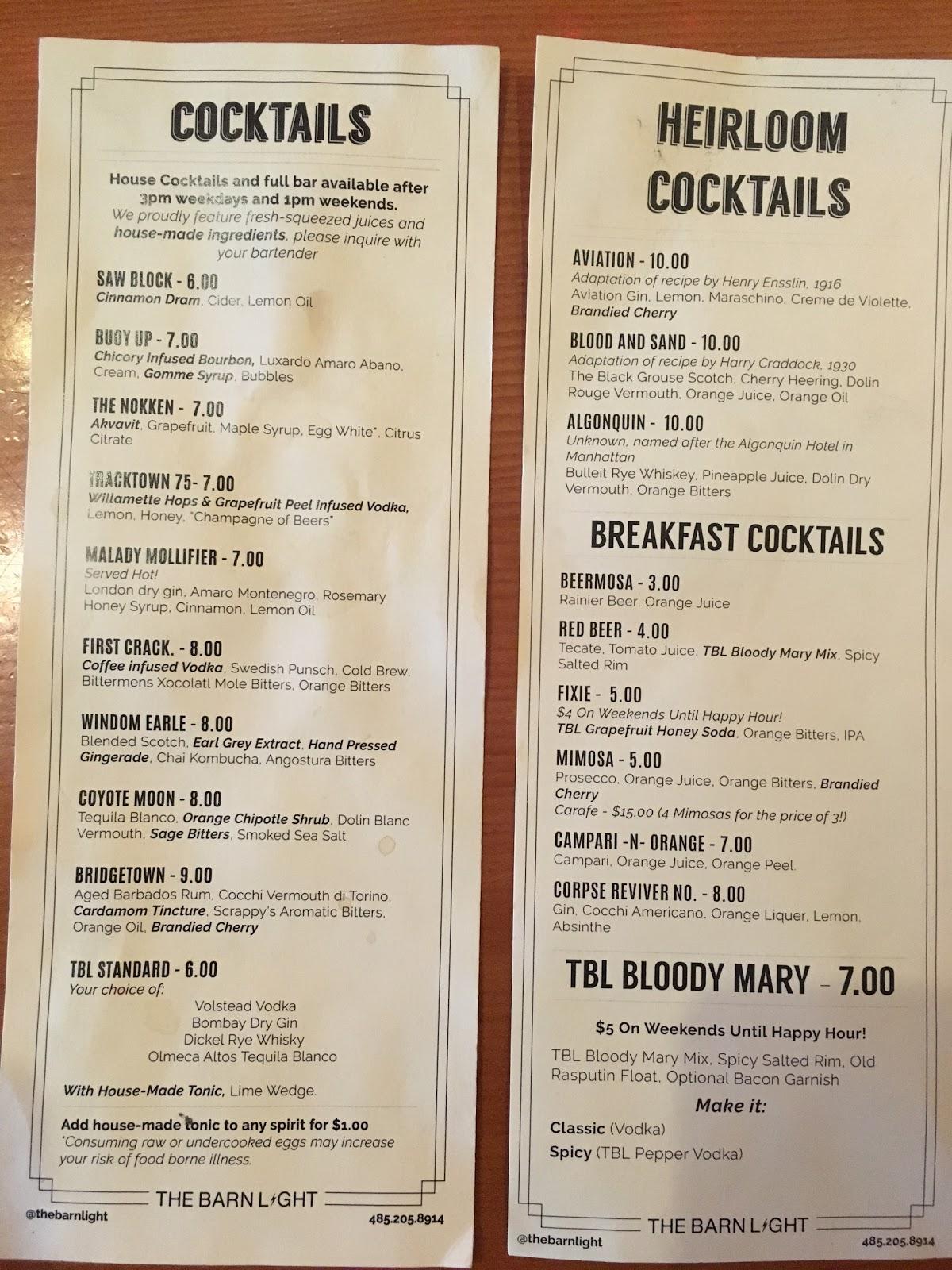 Menu at The Barn Light Bar, Eugene