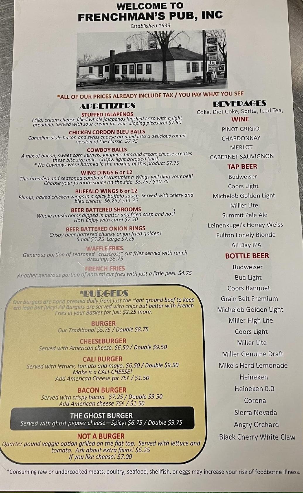 Menu at Frenchman's PubRichfield, Minneapolis