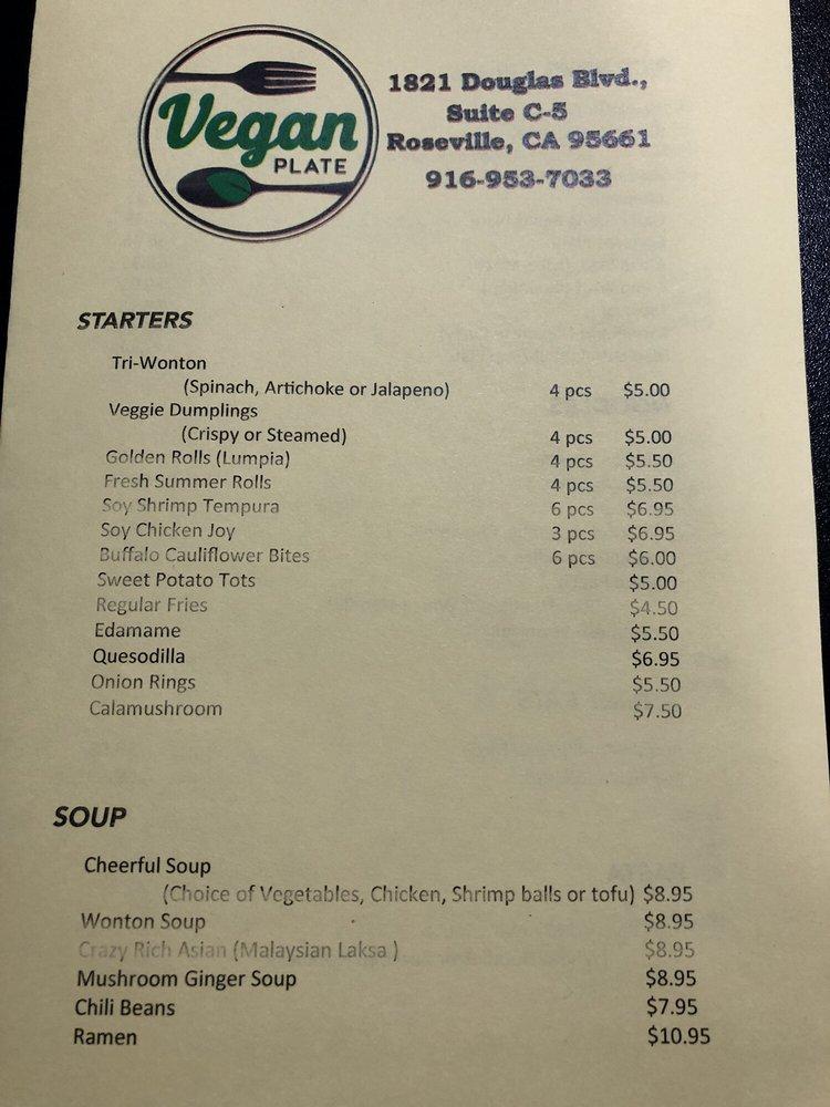Menu at Vegan Plate restaurant, Roseville