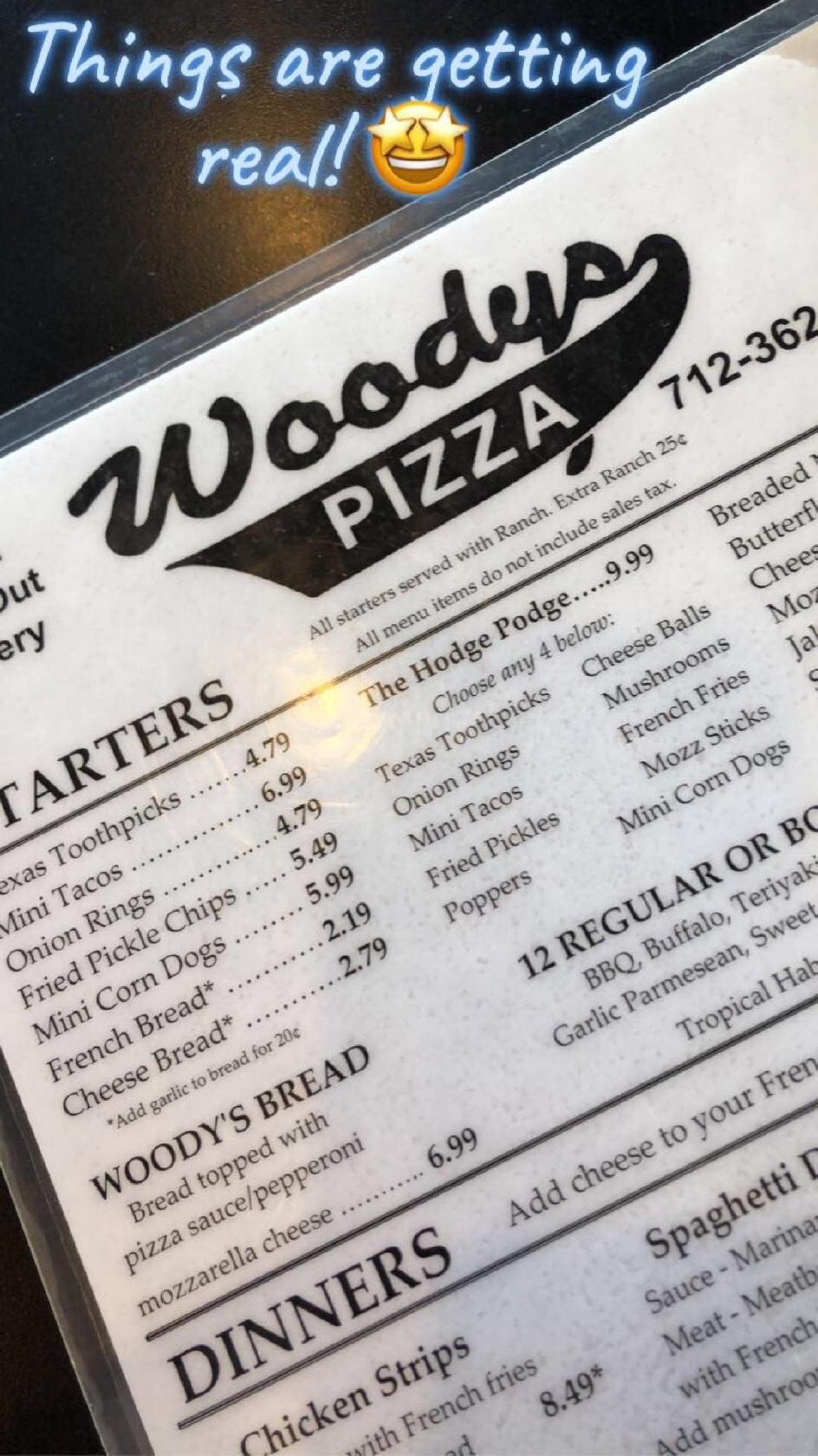 Menu at Woody's Pizza pizzeria, Estherville, 9 W N 1st St