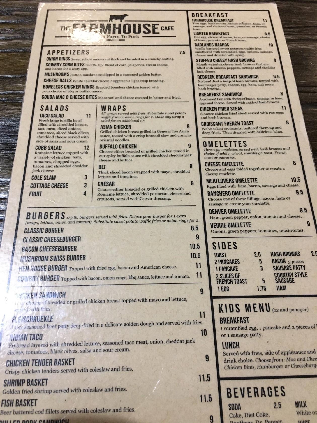 Menu at Farmhouse Cafe, Medora