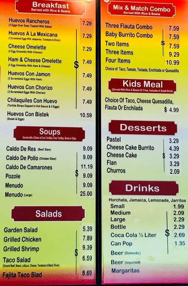 Menu at Fiesta Burrito restaurant, Naperville