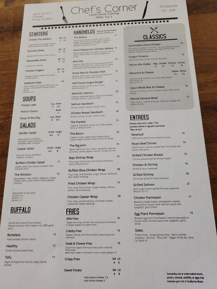 Menu at Chef's Corner restaurant, Yatesville, 320 PA315 Suite 280