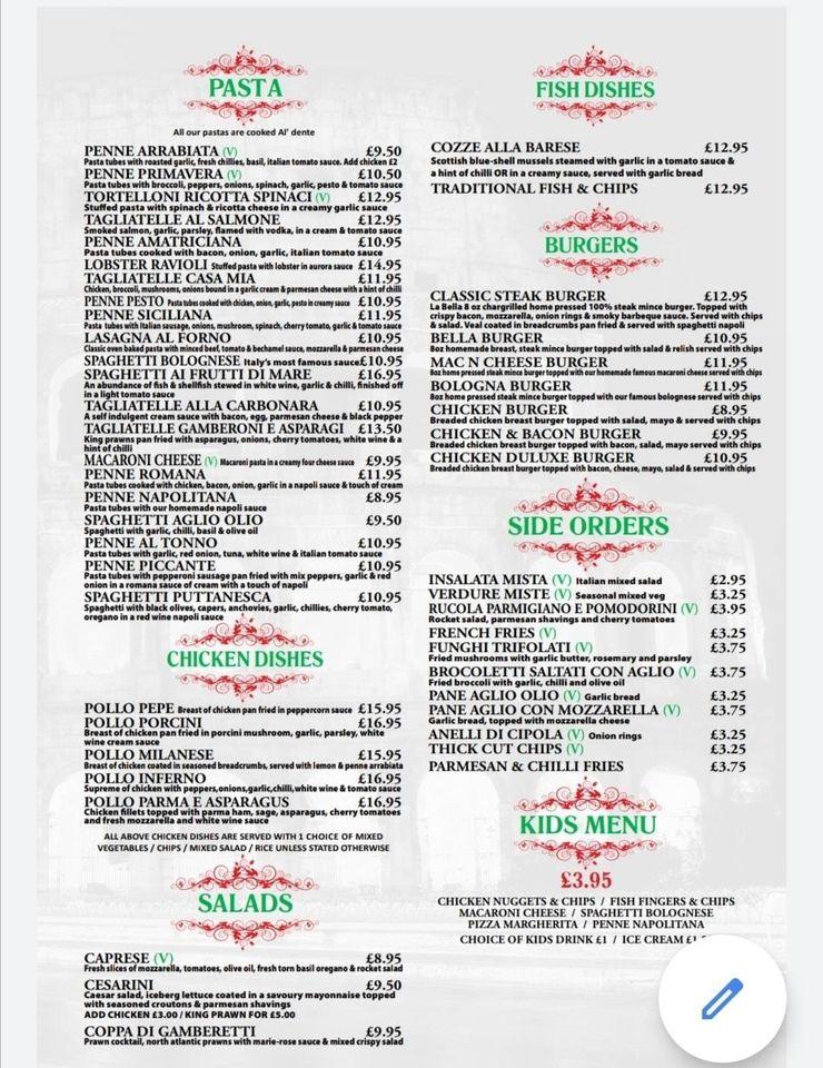 Menu at La Bella restaurant, Glasgow, 32 Ettrick Walk