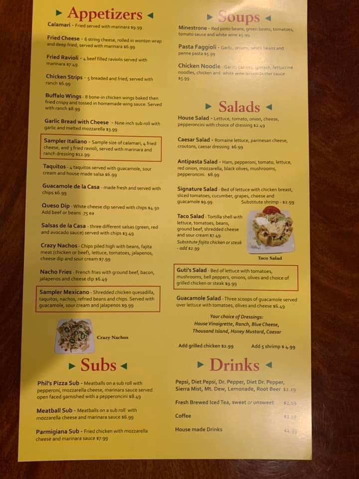 Menu at Guti's MexItaly Restaurant, Arkadelphia
