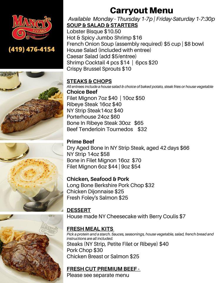 Menu at Mancy's Steakhouse, Toledo