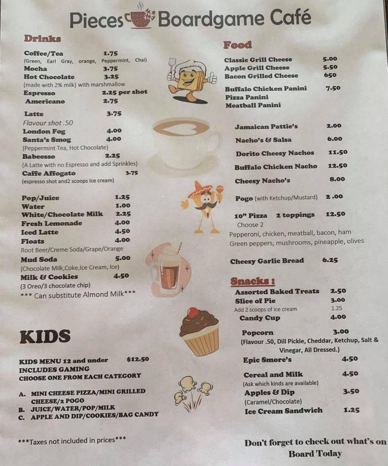 Menu at Pieces Boardgame Cafe, Quinte West, 222 Bell Boulevard Unit 8