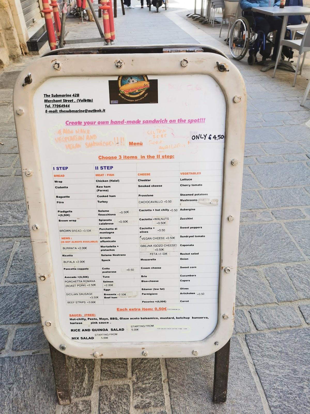 Menu at The Submarine fast food, Valletta