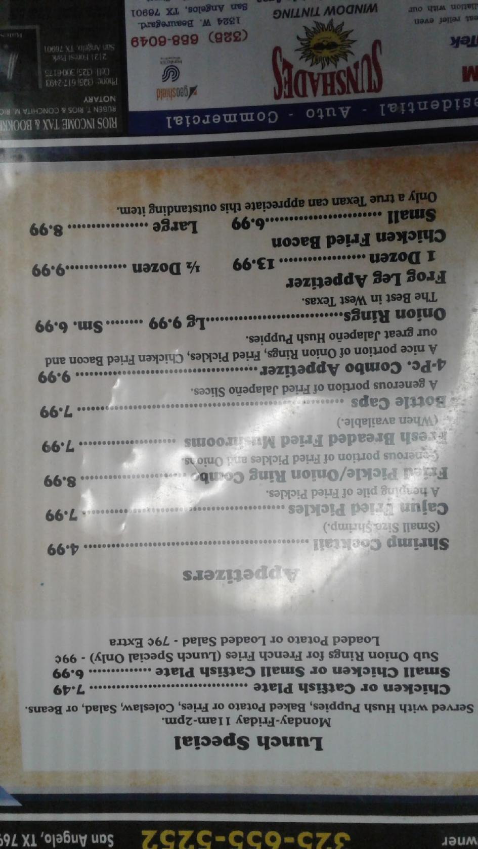 Menu at Catfish Corner restaurant, San Angelo