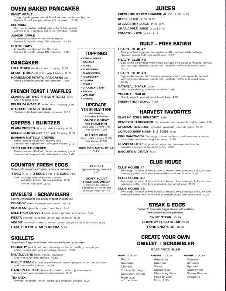 Menu at Harvest Pancake House & Grill restaurant, Westmont