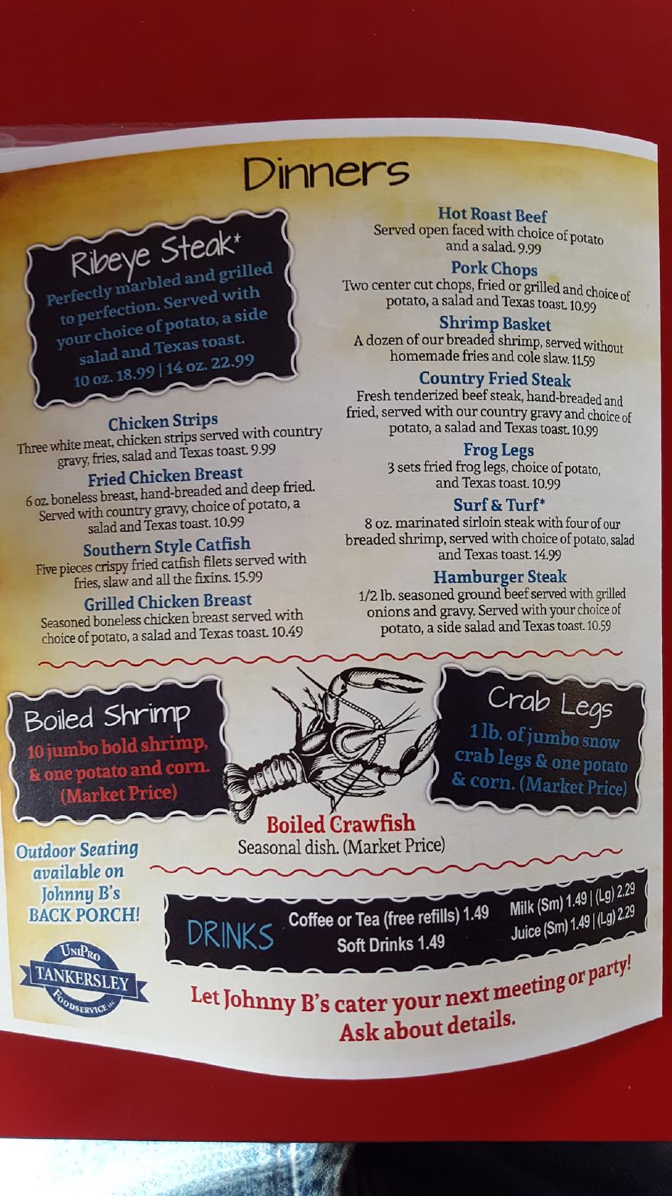 Menu at Johnny B's restaurant, El Dorado