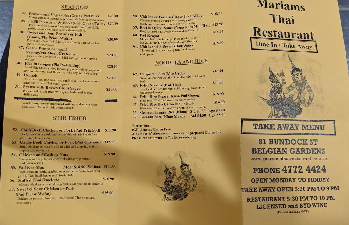 Menu at Mariam's Thai Restaurant, Belgian Gardens