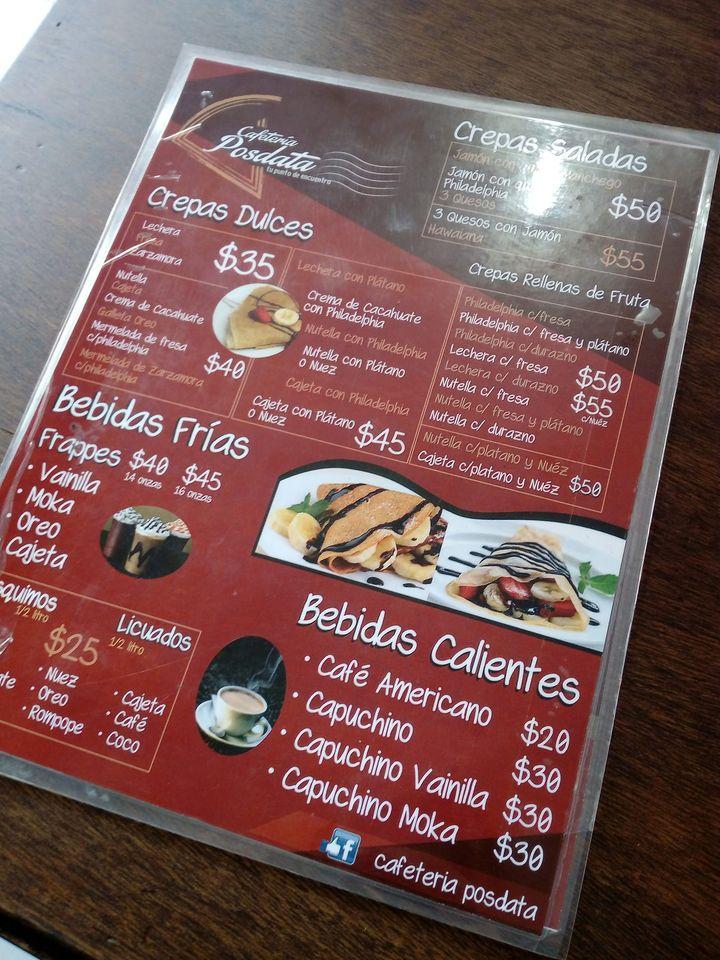 Menu at Cafeteria Posdata, Cuernavaca