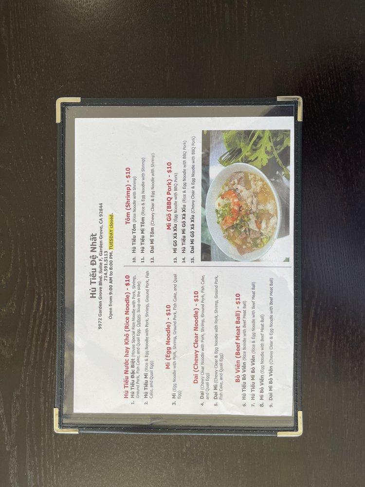 Menu at Hu Tieu De Nhat restaurant, Garden Grove