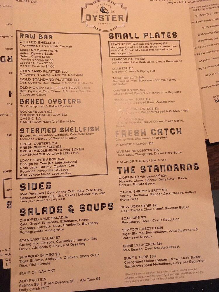 Menu at Standard Oyster Company restaurant, Hickory