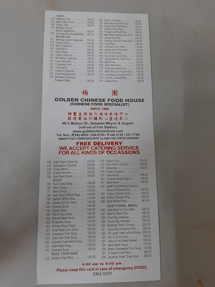 Menu at Golden Chinese Food House restaurant, Quezon City, 48C Malaya