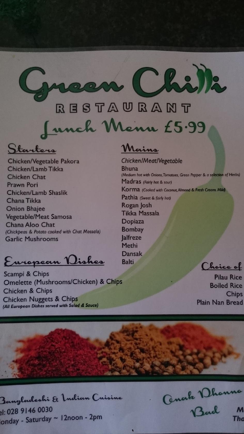 Menu at Green Chilli restaurant, Bangor