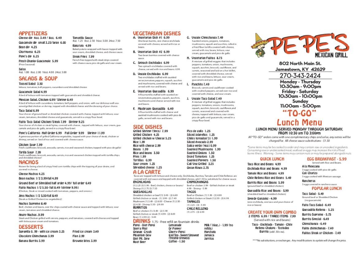 Menu at Pepe's Mexican Grill restaurant, Jamestown