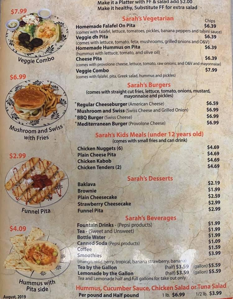Menu at Sarah's Kabob Shop restaurant, Greensboro, 5340 W Market St