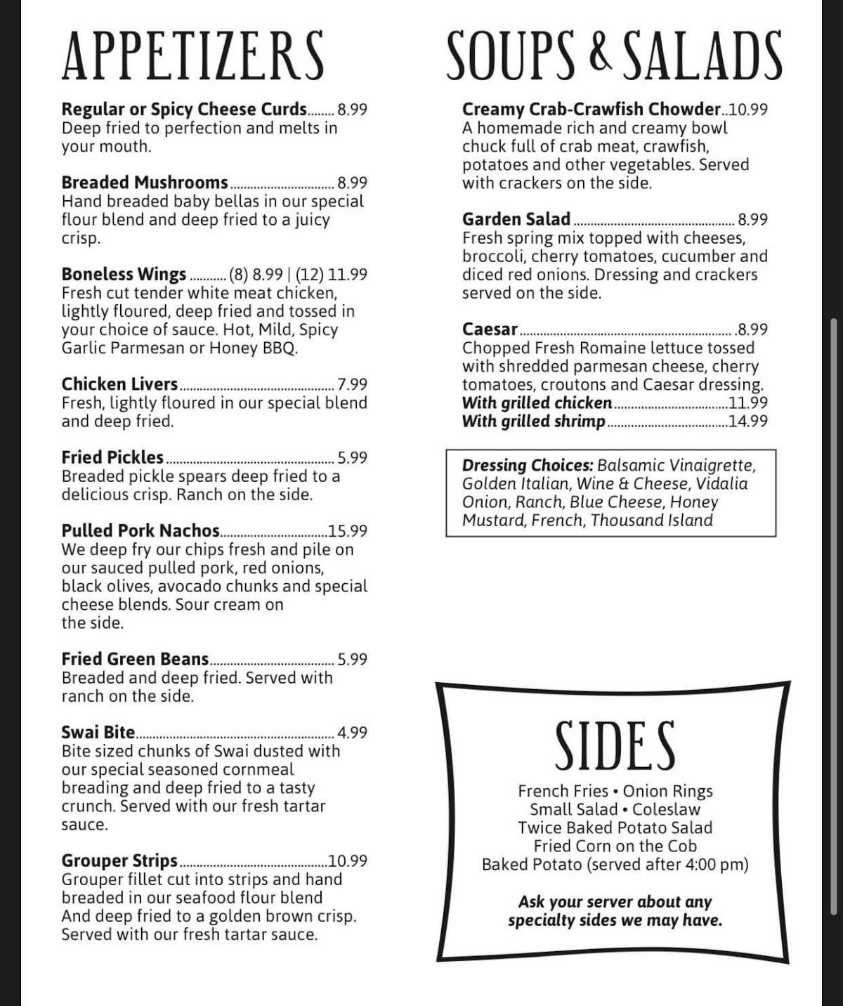 Menu at Southern Roots restaurant, Perryville