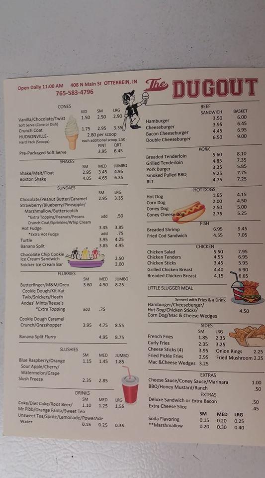 Menu at The Dugout restaurant, Otterbein