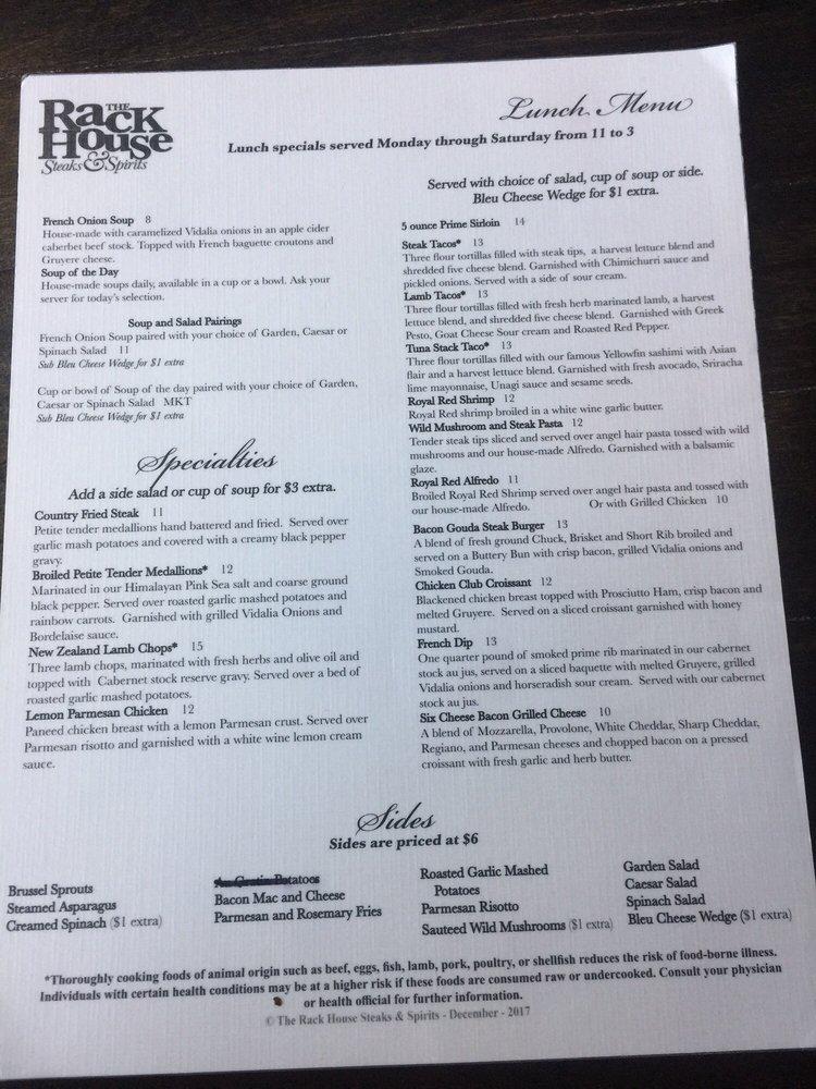Menu at The Rack House Steak & Spirits steakhouse, Gulfport