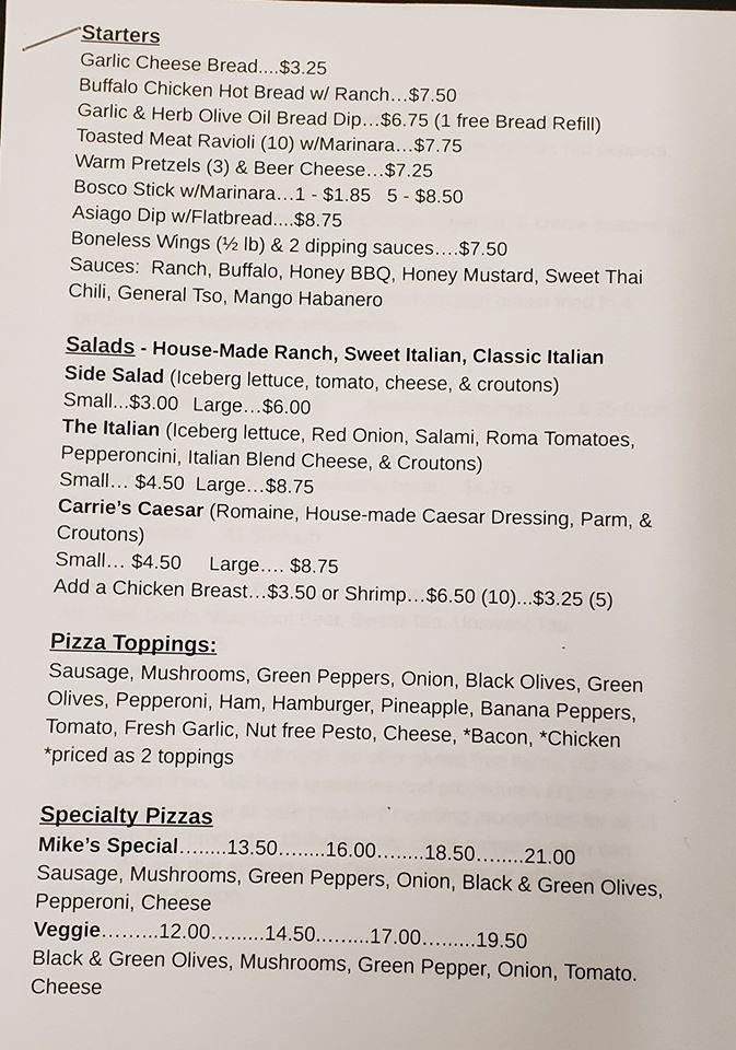 Menu at 1880 Pizza Pasta House restaurant, Jerseyville