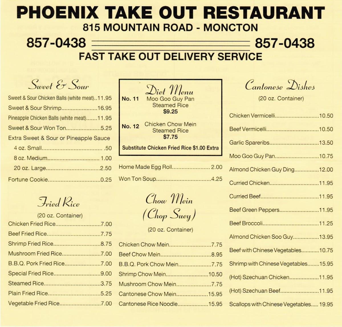 Menu at Phoenix Restaurant, Moncton