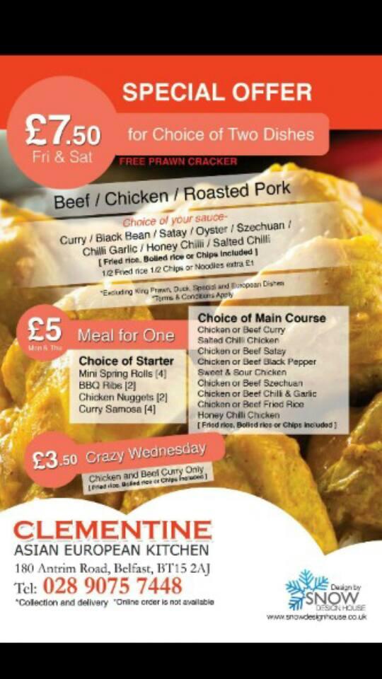 Menu at Original Clementine Asian European Kitchen restaurant, Belfast
