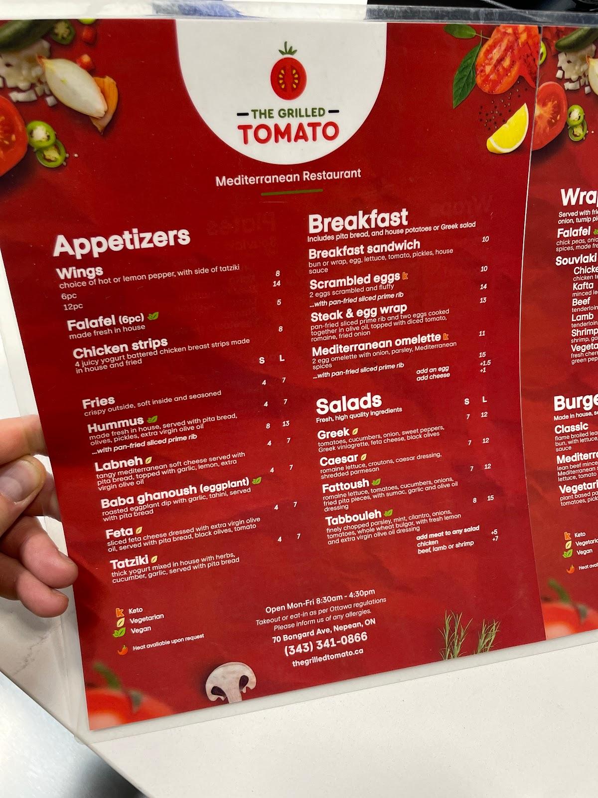 Menu at The Grilled Tomato restaurant, Ottawa