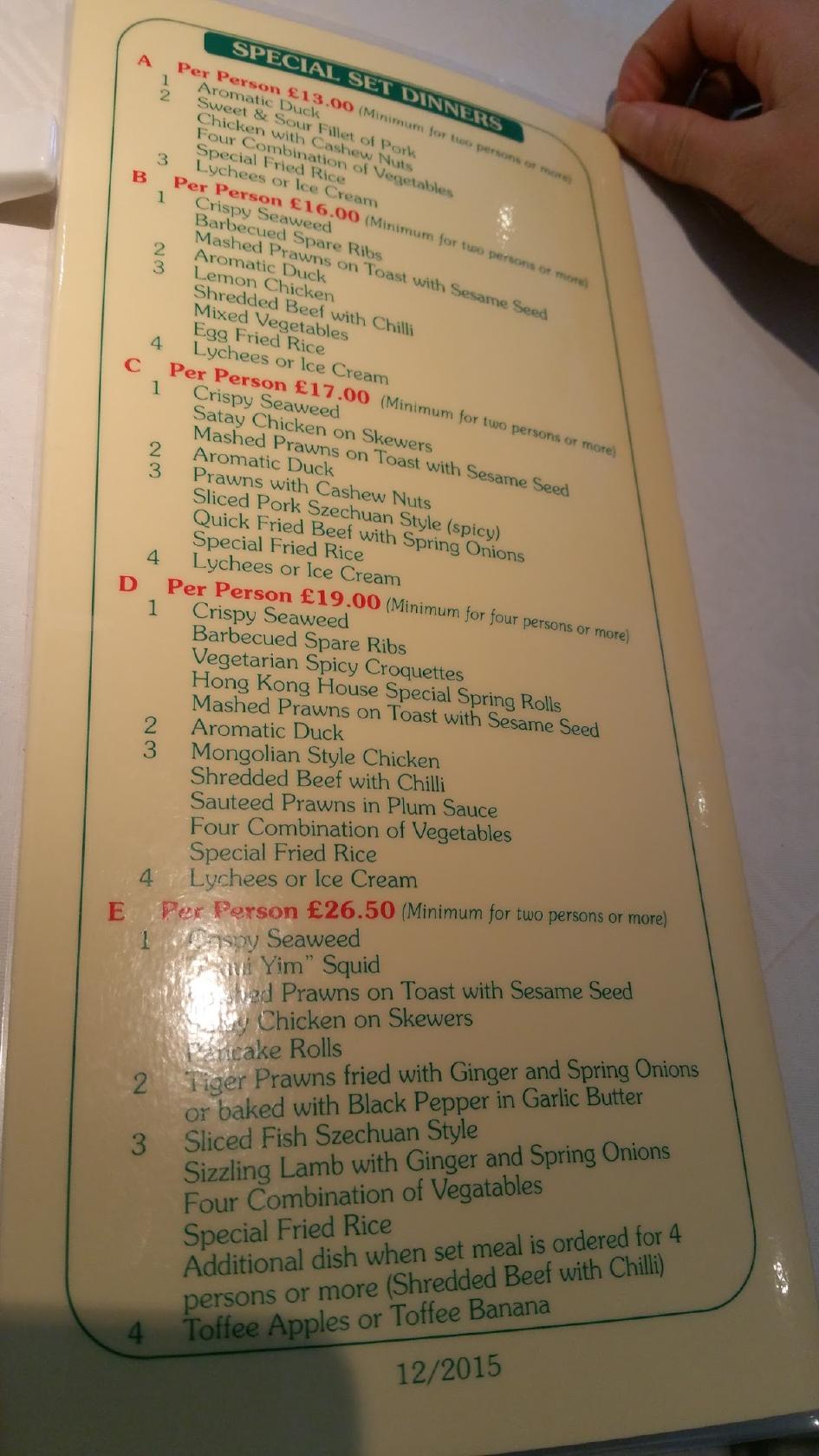 Menu at Hong Kong restaurant, Windsor