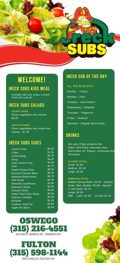 Menu at Jreck Subs fast food, Fulton, 369 S 2nd St