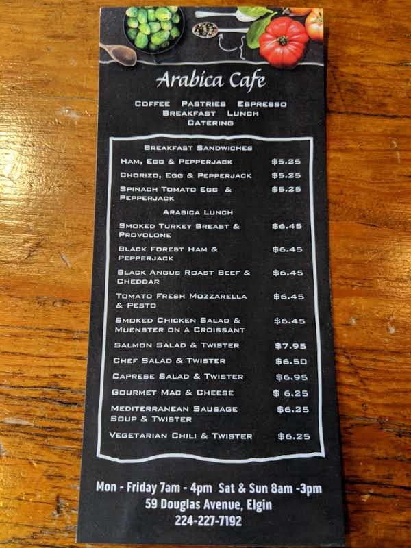Menu at Arabica Cafe, Elgin