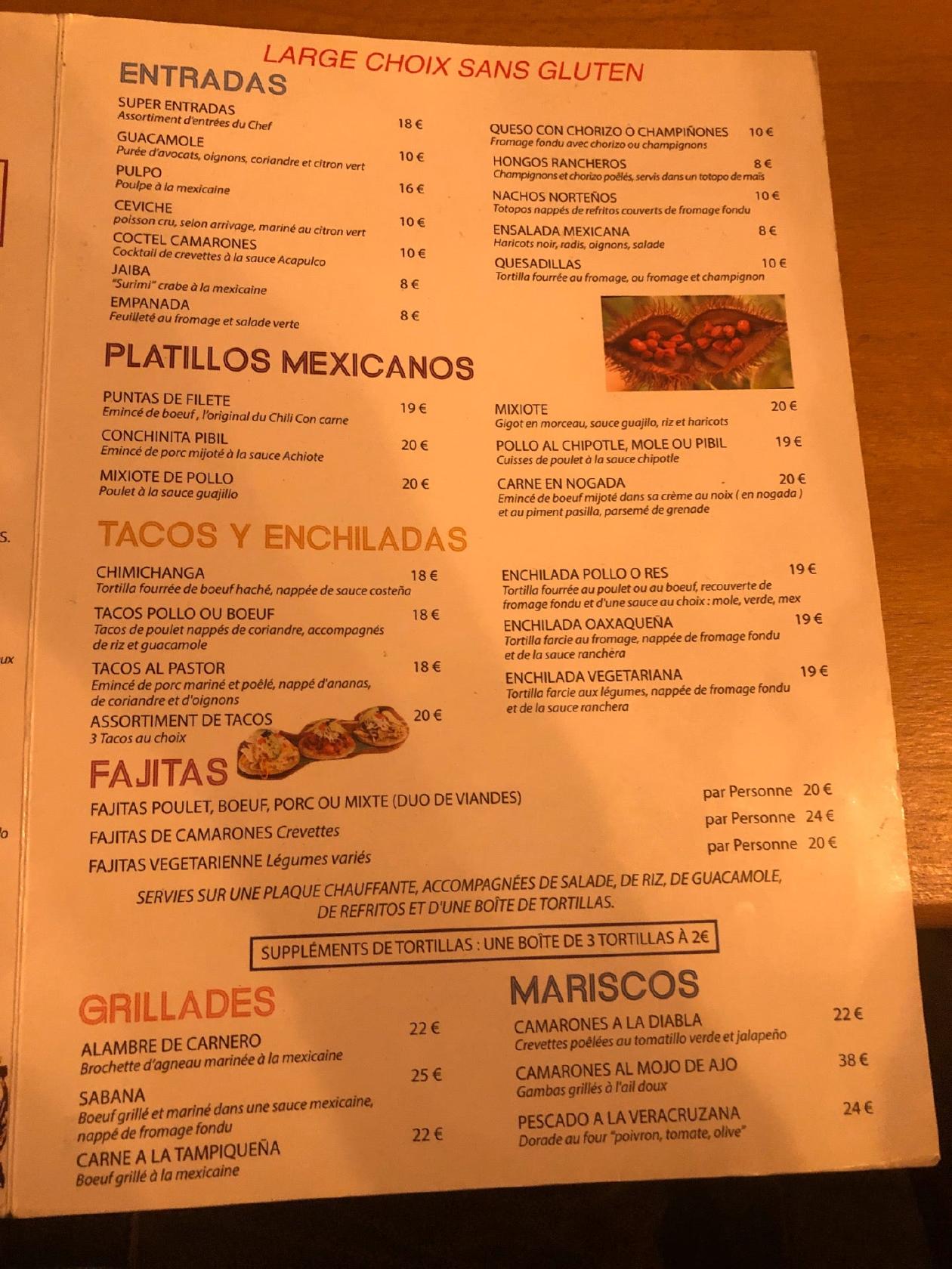 Menu at Azteca restaurant mexicain Fajitas & Guacamole, Paris, 7 Rue