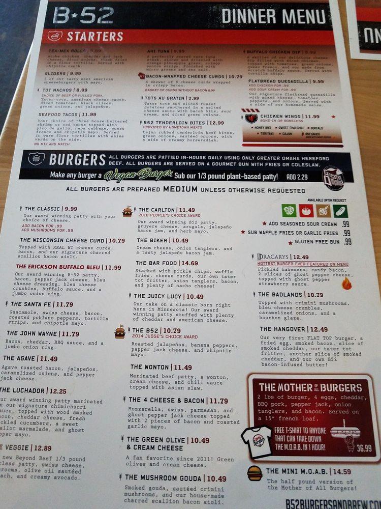 Menu At B-52 Burgers And Brew Lakeville Restaurant, Lakeville