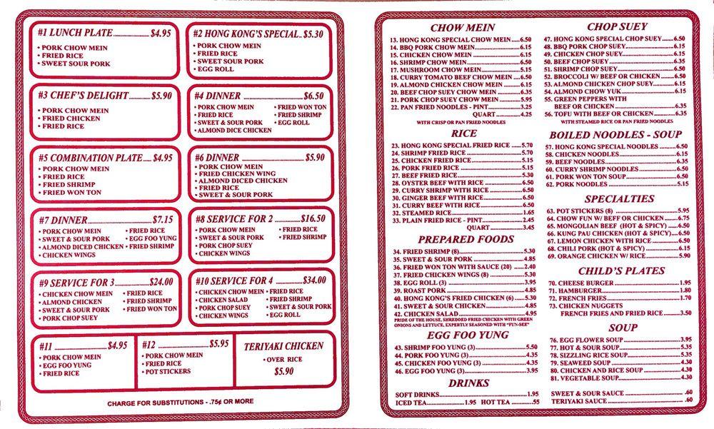 Menu At Hong Kong Chop Suey Restaurant Orosi Avenue B