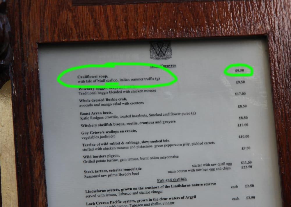 Menu at The Witchery by the Castle restaurant, Edinburgh