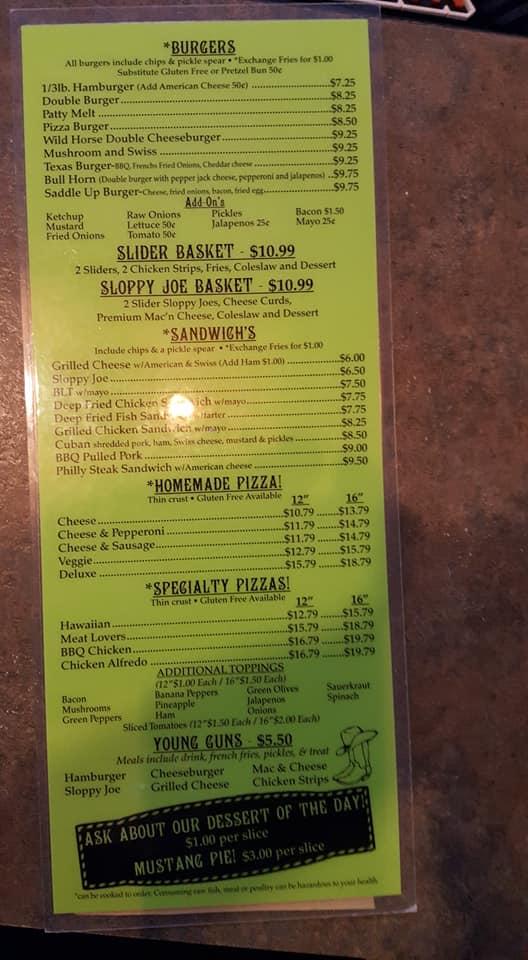 Menu at Wild Horse Saloon pub & bar, Iron Mountain