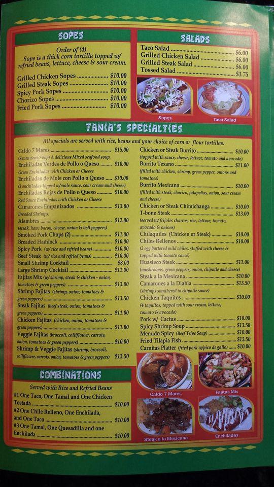 Menu at Tanias Mexican Restaurant & Store, Gettysburg