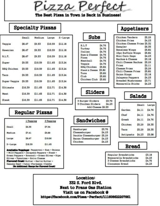 Menu at Pizza Perfect Ypsilanti pizzeria, Ypsilanti